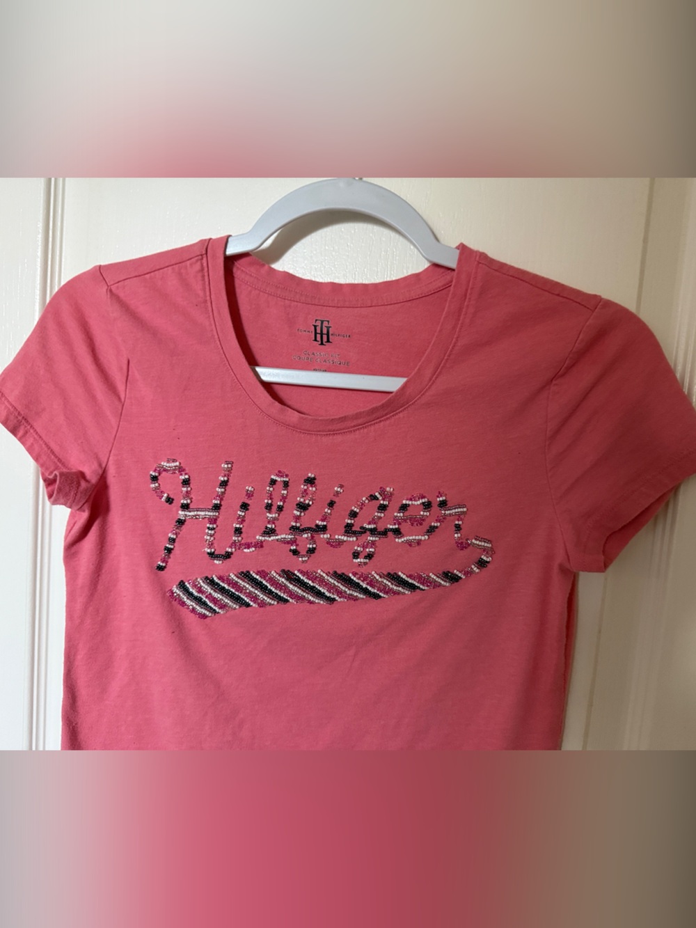 Tommy Hilfiger Coral Beaded Pink Logo Short Sleeve Tee